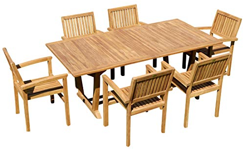 ALEOS. Teak Set Gartengarnitur Gartenset Sitzgruppe Gartentisch Tobago 180-240x100 cm mit 6 Stapelsessel Miami Teakholz Gartenmöbelset Esstischgruppe Sessel stapelbar Ausziehtisch