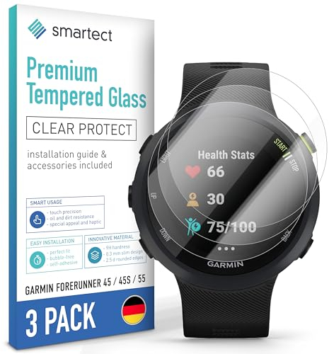 smartect Cristal Templado [3 Piezas, Clear] para Garmin Forerunner 45 / 45s / 55, Protector de Pantalla HD Antiarañazos, Sin Burbujas, Dureza 9H, 0.3mm Ultra Transparente, Ultra Resistente