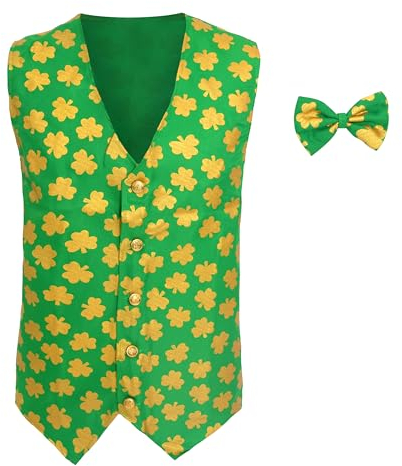 Irish Waistcoat Costume - XX-Large - Green Waistcoat with Yellow Shamrock Print and Matching Bowtie - St Patricks Day Leprechaun Supporter Fancy Dress Costume