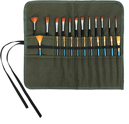 Trousse à Enrouler en Toile cirée, 22 Poches Pochette Robuste pour Le Rangement des pinceaux et des brosses de Peinture (Vert Armée)
