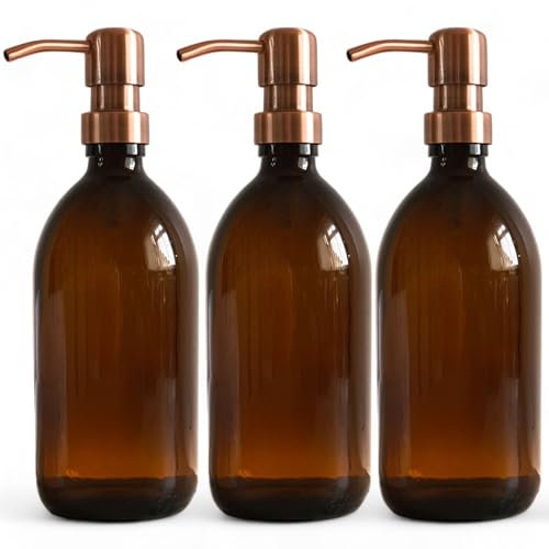 Amber Glass Bottles 500ml Soap Dispenser with Metal Pump (BPA-Free) Brown Glass Empty Soap Dispensers – Reusable Refillable Eco friendly, Sustainable Living/Gift (Antique Copper-Style, 3)