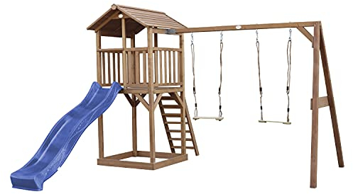 AXI Beach Tower Aire de Jeux avec Toboggan en Bleu, 2 Balançoires & Bac à Sable | Grande Maison Enfant extérieur en Marron | Cabane de Jeu en Bois FSC