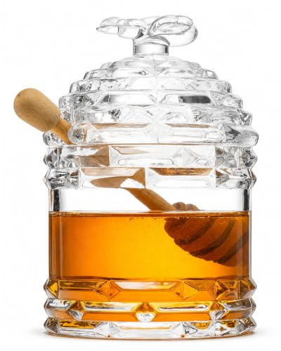 The Wine Savant | Crystal Bee Honey Dish Jar, Gift 6 - Glass Honey Pot with Dipper and Lid Cover for Home Kitchen Honey and Syrup, Gorgeous Bee Decor Beehive Honey Pot, 14oz