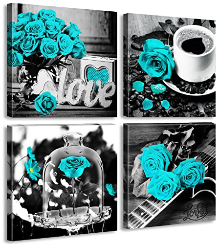 DJSYLIFE Blaugrüne Rose Wandkunst Dekor für Schlafzimmer Türkis Blumen Leinwand Kunstwerk Moderne Pflanze Poster Gemälde Dekorationen 30,5 cm B x 30,5 cm H 4 Stück