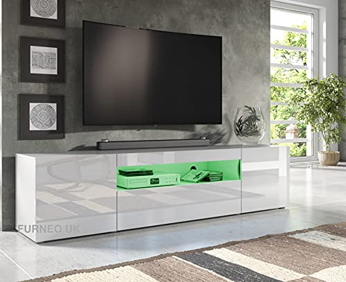 Furneo 200cm Long TV Stand Unit Cabinet Matt & High Gloss White Clifton08 RGB (multicoloured) LED Lights