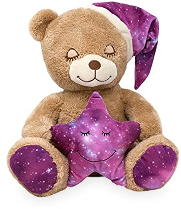 Schlafbär Stern ca. 26 cm, Sitzender Plüsch, Schlaf-Bär mit Mütze, kuschletier Teddy, Plüschtier Bear, 1 Stück
