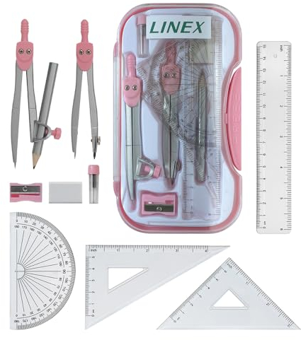 Linex Kit de géométrie mathématique avec étui transparent – Kit d'examen rose 10 pièces comprenant boussole, rapporteur, règle, équerres et gomme