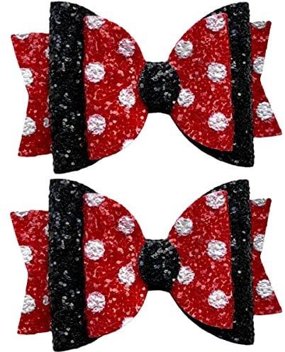 Minnie Mouse Inspired Hair Bows Clips Slides Grips Red Black White Polka Dot 3.5 Inch Handmade Woman Girls Hairbows 2pcs