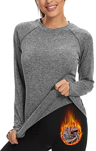 Soneven Thermal Base Layer Top Womens Long Sleeve T Shirts Running Shirt Lightweight Fleece Sports Top for Travel, Hiking, Camping, Skiing, Snowboard (Grey, L)