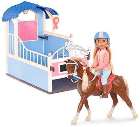 Glitter Girls GG51141Z Pferdestall mit Reiterin Milla, Pferd und Zubehör – Puppenzubehör für 36 cm Puppen mit Zaumzeug, Sattel, Scheune – Puppenhaus Accessoires, Spielzeug für Kinder ab 3 Jahren, Bunt
