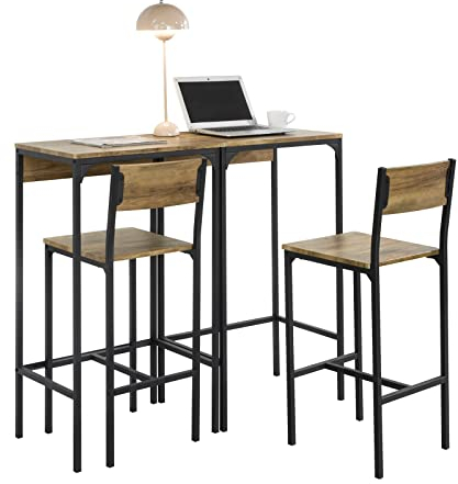 SoBuy OGT42-F Set 2 Mesas Altas de Bar y 2 Taburetes de Estilo Industrial Juego de Barra Mesa Alta para balcón, Cocina, Comedor y Sala de Estar ES
