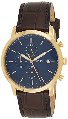 Fossil Minimalist uhr für Herren, Chronographenwerk mit Edelstahl- oder Lederarmband, Goldton und Blau, 42MM