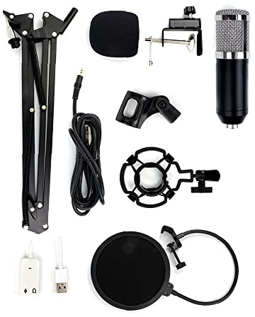 Condenser Microphone Kit BM-800 Mic Set with Adjustable Mic Suspension Scissor Arm, Metal Shock Mount and Double-Layer Pop Filter for Studio Recording Broadcasting (Black + Sliver)