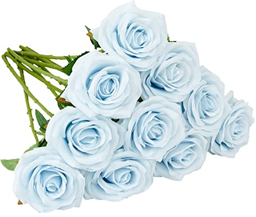 IUKnot Künstliche Rosen, 10 Stück, eisblau, offener Blumenstrauß, künstliche Rosen, Stiele für Hochzeitsarrangement, Brautstrauß, Tafelaufsatz, künstliche Kunstseide-Blumen (eisblau)