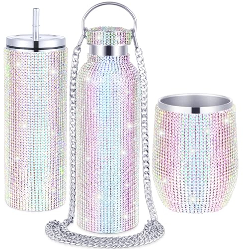 Rtteri 3 Stück Bling Wasserflasche Strass Edelstahl Bling Cup Stiellos Glitzer Tumbler Isoliert Strass Tumbler mit Kette, Deckel und Strohhalm für Frauen Kaffee Martini Weinbecher (Silber)