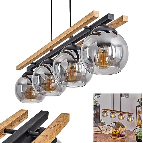 Pendelleuchte Podre, Hängelampe aus Metall/Holz/Glas in Schwarz/Natur/Rauchfarben, Hängeleuchte im Retro/Vintage-Design m. Glasschirmen (Ø 15cm), 4-flammig, Höhe max. 120cm, 4x E27, ohne Leuchtmittel