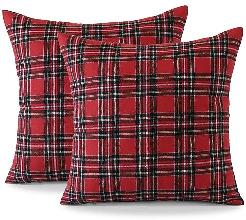 Ohok Dekorativ Vintage Kissenbezug, Polyester Leinen Plaid Zierkissenbezüge, Deko Sofakissen Couchkissen Kissenhülle Set für Schlafzimmer Wohnzimmer Sofa Couch Auto (60x60 cm, 2 Stück Weihnachten)