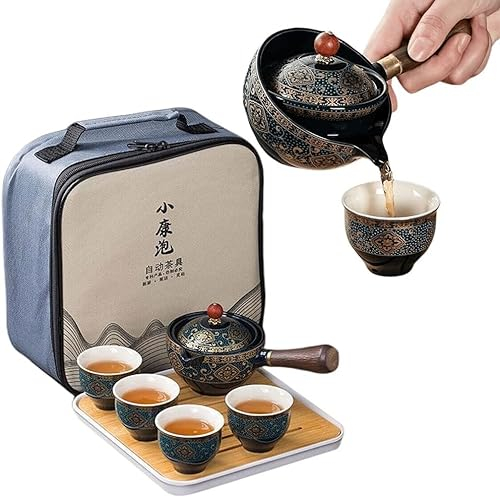 Axurhui Tetera Mágica, Juego De Tetera Portátil con Tetera Giratoria De 360 Grados, 4 Tazas De Té, Bandeja De Té De Bambú Y Bolsa De Viaje