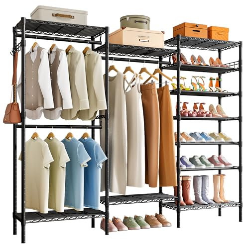 Forthcan Heavy Duty Clothes Rails Free Standing Clothes Rail Coat Rails Clothing Closet Storage Organizer Large Wardrobe with Shoe Rack, Hanging Rod, Adjustable Shelf (Black)