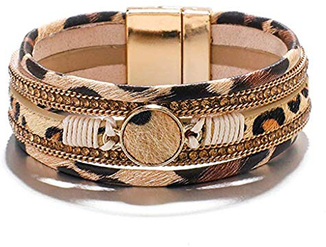 KieTeiiK Leoparden Wickelarmbänder Für Damen Mehrschichtig Breit Gepard Druck Manschettenarmreif Damen Herz Armband