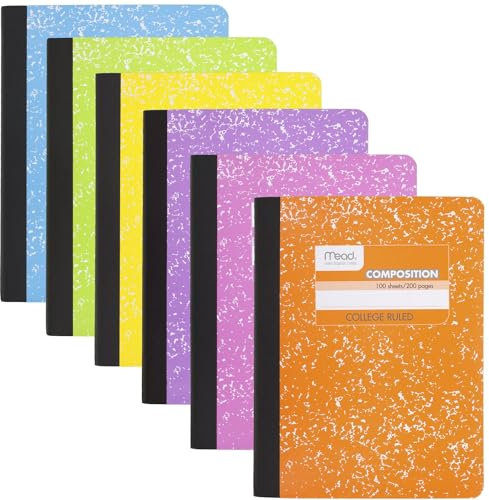 Mead Composition Notizbücher, 6 Stück, College-Papier, 19,5 x 24,5 cm, 100 Blatt, verschiedene helle Farben (850106-ECM)