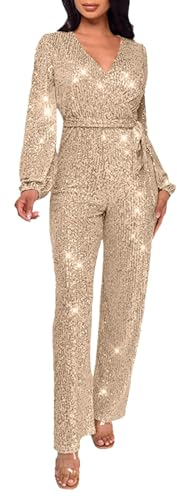 FROON Jumpsuit Pailletten Damen V-ausschnitt Langarm Elegant Glitzer Jumpsuit Mit Gürtel Sexy Bodysuit Lang Overall Hosenanzug Hohe Taille Playsuit Party Karneval Kostüm (L, Gold)