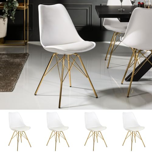 LEBENSwohnART 4er Set Design-Klassiker Stuhl Norway Weiss-Gold Retro