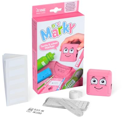 MARKY C166668 - Stempel Set in Rosa, mit schwarzer Tinte zum Beschriften verschiedener Gegenstände und Kleidung, inkl. Austauschbarer Stempel, einer Pinzette und Sticker