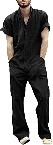 Latzhose Herren Leinen-Arbeitshosen Männer Latzhose Stretch Jumpsuit Lang Sommer Einteiler Kurzarm Trainingsanzug Regular Fit Arbeitsoverall Loose Fit Latzanzug Cargohose Overalls