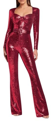 MNRIUOCII Jumpsuit Damen Glitzer Elegant Langarm Lang Overall Pailletten Hosenanzug Formell Hohe Taille Playsuit Cocktail Party Festlich Romper Elegant Abendkleider