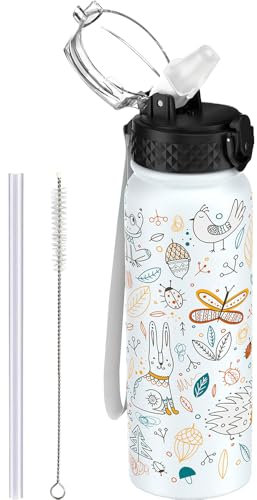 GOPPUS 600ml/20oz Stainless Water Bottle with Straw Double Wall Insulated Bottles with Strap Reusable Vacuum Thermal Flask Leakproof Keep Cold Drinks Bottles with Flip Top Lid for Men Women BPA Free