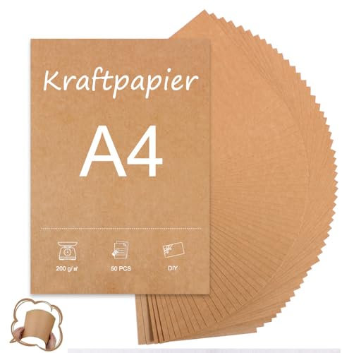 Kraftpapier A4 braun, 50 Blatt - A4 200g, Naturkarton in hochwertiger Qualität als Bastelpapier, Kartonpapier, Fotokarton
