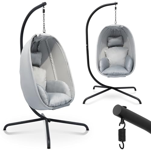 MIADOMODO® Hängesessel - mit Ständer und Kissen, Höhenverstellbar, Gestell aus Eisen, bis 160 kg Belastbar - Ei Hängeschaukel, Hängekorb Schaukel, Hängestuhl, Indoor/Outdoor, Garten (Grau)