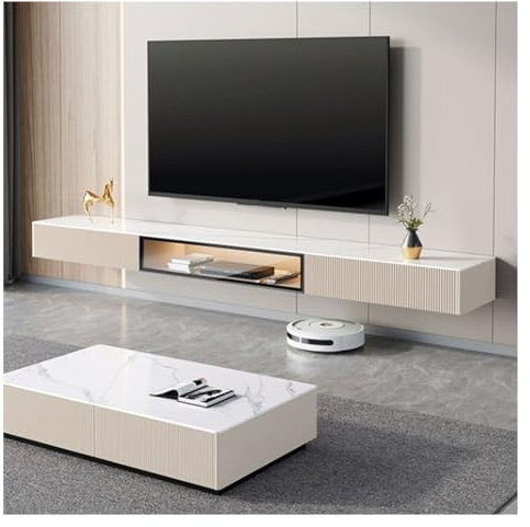 Tv Cabinet Floating TV Stand Wall Mounted TV Cabinet with 2 Drawers and 1 Shelf, Slate Tabletop, Floating Entertainment Center Smart Television Console with Sensor LED Light for Living Room Bedroom TV
