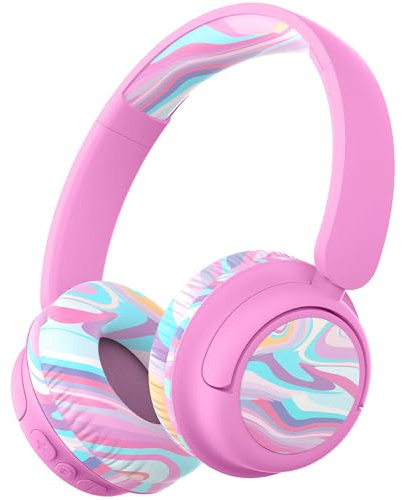 iClever BTH22 Kids Bluetooth Headphones, 60H Play Time, 74/85 dBA Safe Volume, Bluetooth 5.4, USB C, Over Ear Kids Headphones Wireless with Mic AUX Cord for iPad/Tablet/Travel/School, Pink-Stripe