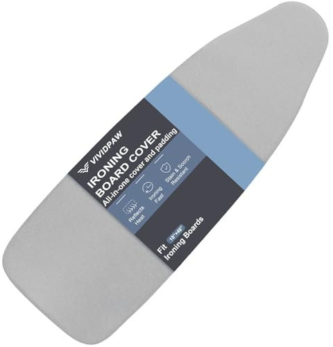 VividPaw Ironing Board Cover and Pad 18x49, Extra Wide, Thick Padding, Elastic Edge, Silicone Coated, Resist Scorching and Staining, Heavy Duty Iron Board Covers (Grey, 18 x 49)