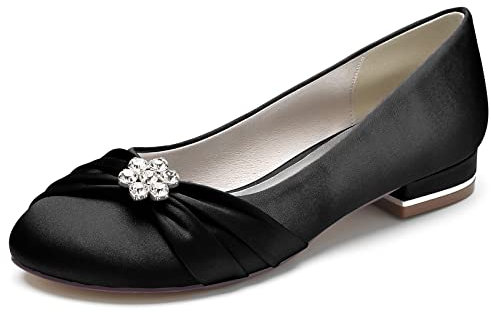 DSKHDZW Women's Mary Jane Shoes Satin Slip-On Wedding Dress Flats Round Toe Low Heel Bridal Ballerina Pumps,Black,10 UK