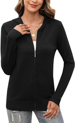 Aottori Cardigan Donna con Zip Maglione Cerniera Leggero Giacca in Maglia Elegante Golfino a Maniche Lunghe Pullover Aperta Casual per Primavera Autunno Nero M