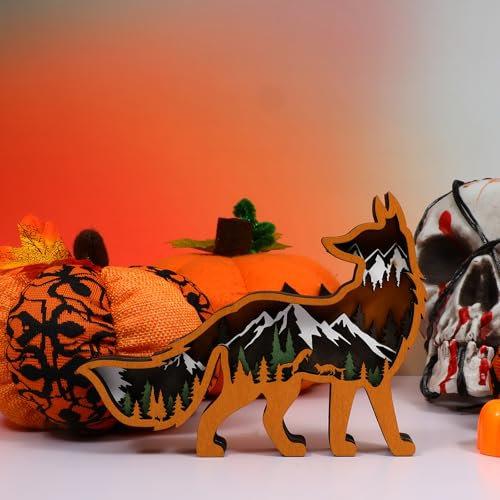 Drawelry 3D Holz Tiere Schnitzerei Skulpturen Ornament, Mehrschichtig Holz Synthese Wald Tier Gravur Regal Statuen Handwerk für Home Büro Desktop Weihnachten Neujahr Festival Dekor (Fuchs)