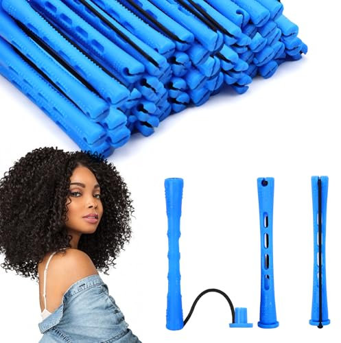 60 Stück Dauerwellen Wickler Klein 0.35 Zoll Dauerwellen Set Komplett Hair Rollers für Frauen Lockenwickler Klein Lockenwickler Kurze Haare mit elastischen Gummiband (Blau-C)