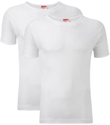 Crazy Fashion Pack of 2 Thermal Tops Men’s - Short Sleeve Plain Round Neck Mens Top Warm T-Shirt Underwear Baselayer Cotton Thermals (White, UK Large)