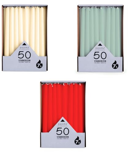 pajoma® Stabkerzen Cream, Rot, Grün 3x 50 Stück | Höhe 25 cm, Brenndauer ca. 7 Stunden | Duftfrei, vielseitig einsetzbar für Kerzenhalter, Deko & festliche Anlässe