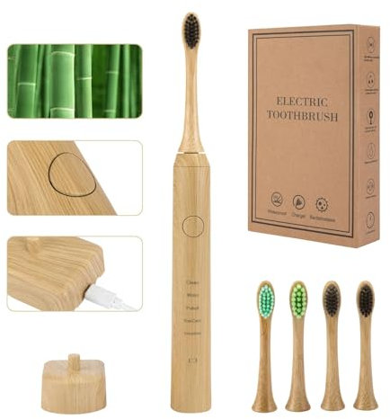 Brosse à dents en bambou électrique pour adultes, Brosses à dents soniques, 5 modes 2 minutes smart timer brosse à dents électrique ipx7 étanche 40000 moteur VPM, nettoyage en profondeur pour adultes
