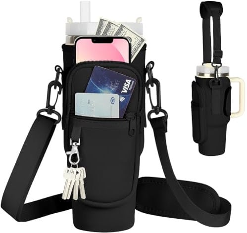 AYESY Sac de Transport de Bouteille d'eau, Noir Stanley 40oz Tumbler Sac Bouteille d'eau, Sac de Bouteille avec Pochette de Téléphone bandoulière réglable pour la Marche, Le Voyage et Le Camping
