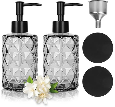 KIMIGO 2 Distributeur de Savon Noir Verre,330ml Distributeur Savon pour Cuisine/Salle de Bain,Flacon Pompe Vide Rechargeable avec Entonnoir en Acier Inoxydable et 2 sous-Verres,pour Lotion Liquide