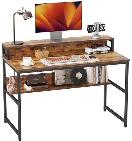 CubiCubi Schreibtisch 120×60cm, Computertisch mit Ablageregal und Bücherregal, PC-Tisch, Bürotisch fürs Büro, Wohnzimmer, Industrie-Design, Stabil Stahlgestell, Vintagebraun