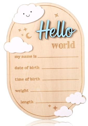 Gosknor Ankündigungsschild Baby, 15x10,5cm Hölzerne Schilder Geburtsankündigung Hallo Welt Schild Neugeborene Dekoration Zuhause Kinderzimmer Krankenhaus Aufzeichnung von Name Datum Länge Gewicht