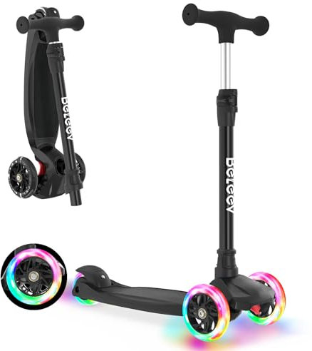 BELEEV A3 Roller Kinder 3 Jahre, 3 Räder Scooter Kinder mit LED Leuchtende Räder, 5 Höhenverstellbare, Lean to Steer, Rutschfestes Deck, Premium Kinderroller 3-12 Jahre Mädchen Jungen, Dreiradscooter