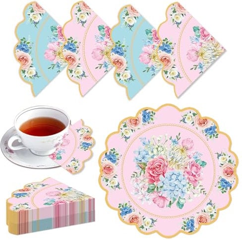 Floral Napkins for Afternoon Tea 40 Pack 31cm Diameter Rose Petal Paper Napkins Disposable Pink and Blue Floral Scalloped Tea Party Napkins Paper Plates Decor Supplies for Baby Shower Wedding