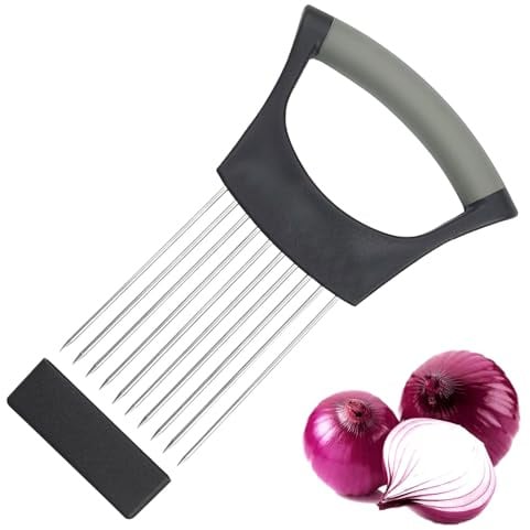 WOLMIK Stainless Steel Onion Slicer Holder - Food Slice Assistant, Vegetable Cutter, Cutting Aid Tool Black 14.3 cm * 9.5 cm